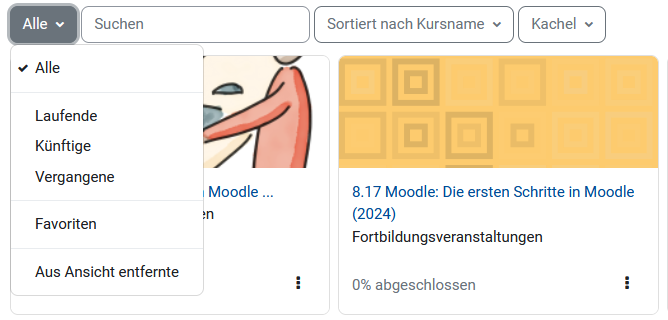Screenshot der Sortieroptionen der Kursübersicht
